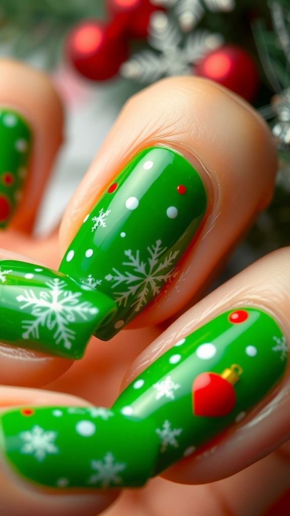 Festive Green Christmas Nail Art Design Close-up of green Christmas nail art with snowflakes and ornaments.